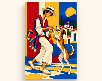 Man Dancing With Dog Printable Wall Art, Colorful Digital Download, A4 A5 and 2:3 JPG Files