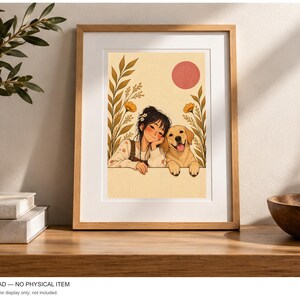 A Girl and Her Gentle Companion — digital illustration shown as a display example. No physical item, frame or props included.