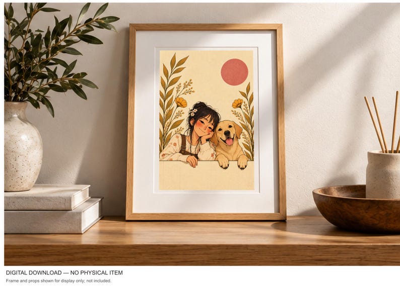 A Girl and Her Gentle Companion — digital illustration shown as a display example. No physical item, frame or props included.