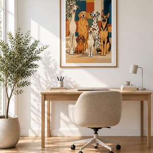 Six Dogs in a Mediterranean Courtyard — unframed fine art print. Frames and room accessories are not included.