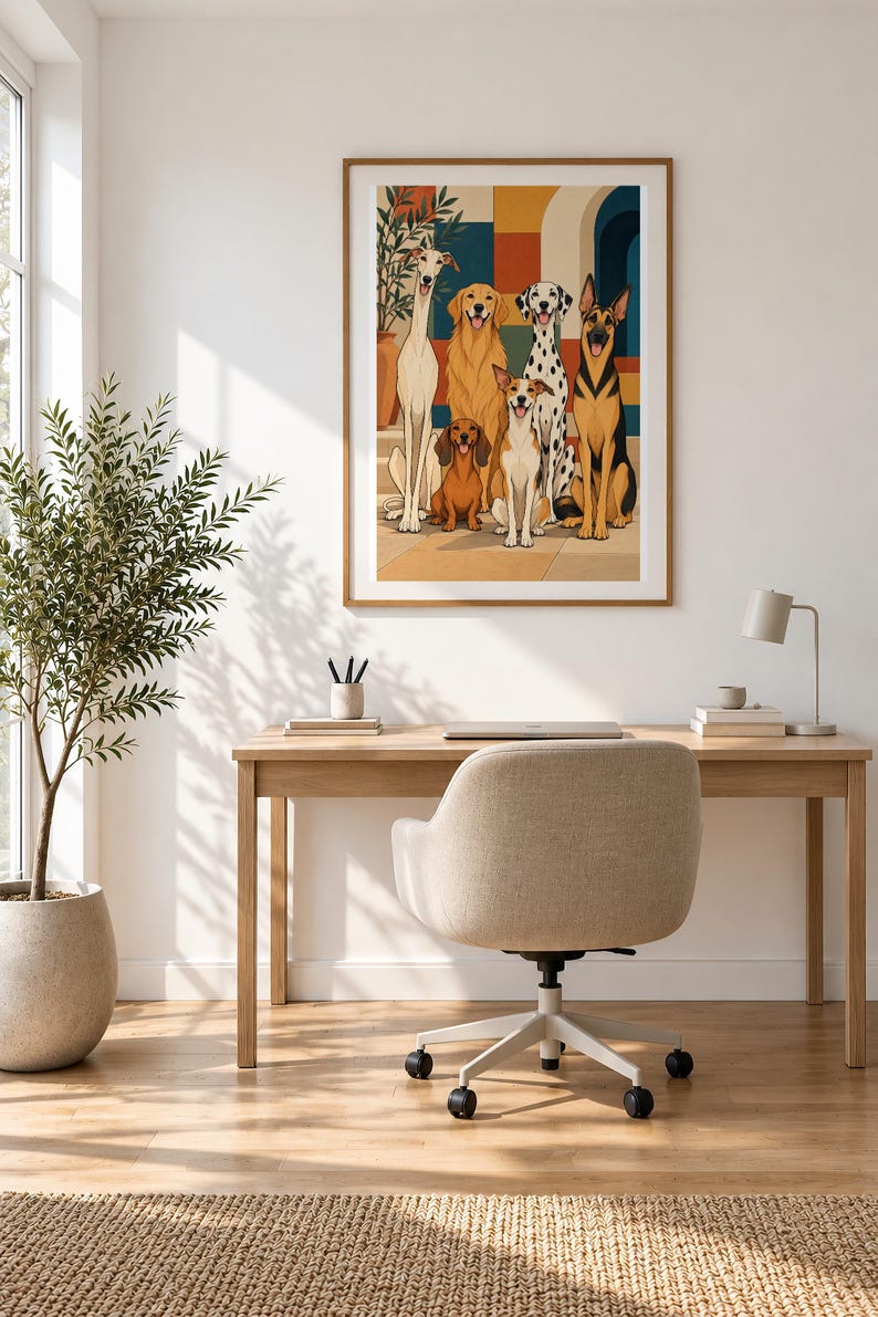 Six Dogs in a Mediterranean Courtyard — unframed fine art print. Frames and room accessories are not included.