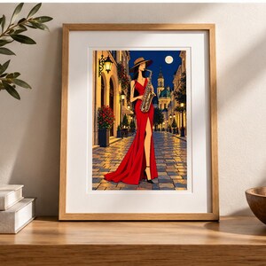 Saxophonist Under the Moon — digital illustration shown as a display example. No physical item, frame or props included.