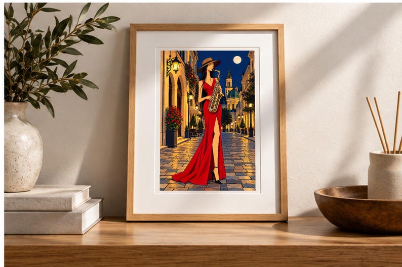 Saxophonist Under the Moon — digital illustration shown as a display example. No physical item, frame or props included.