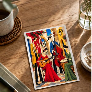 Musicians in a Mediterranean Courtyard — digital illustration shown as a display example. No physical item, frame or props included.