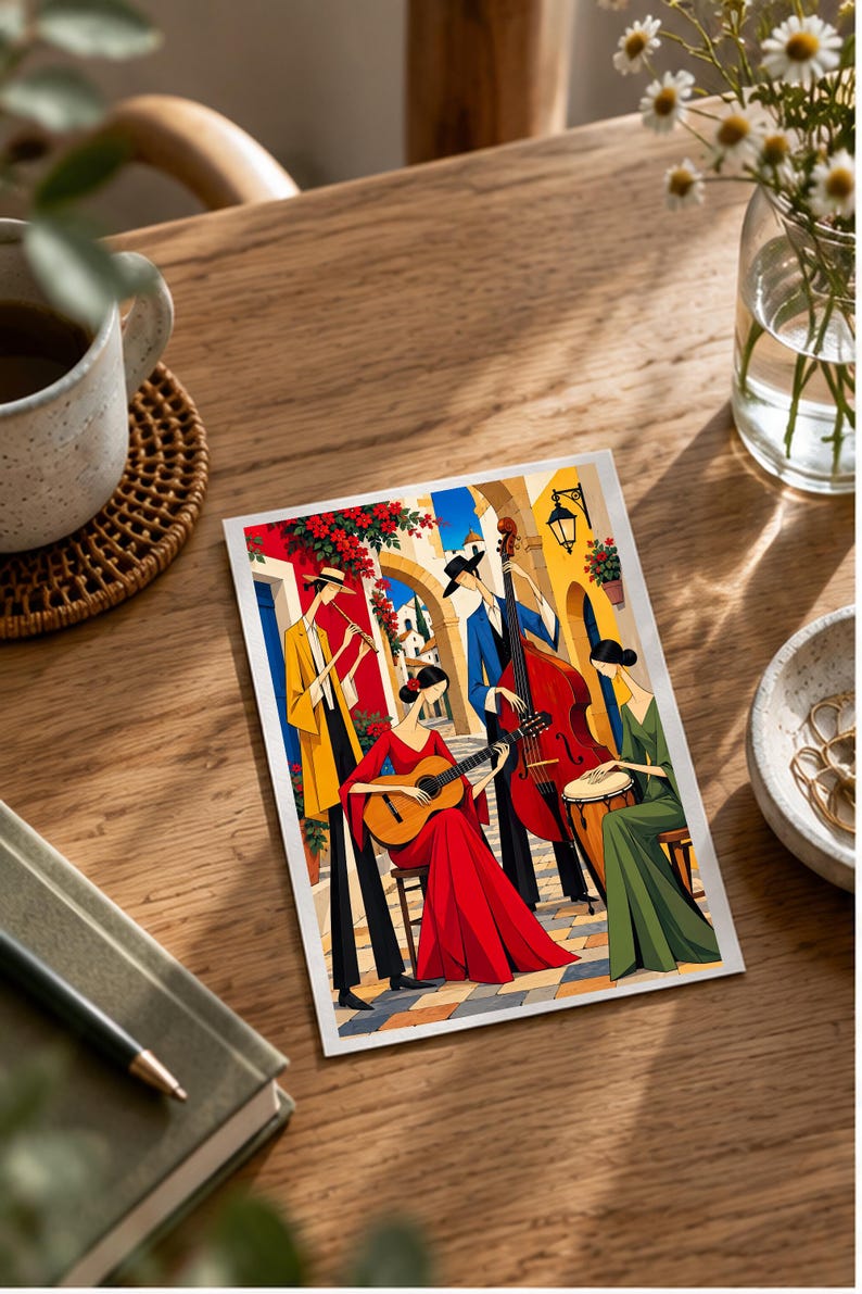 Musicians in a Mediterranean Courtyard — digital illustration shown as a display example. No physical item, frame or props included.