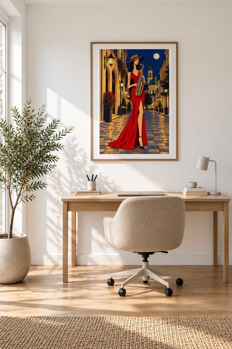 Saxophonist Under the Moon — unframed fine art print. Frames and room accessories are not included.