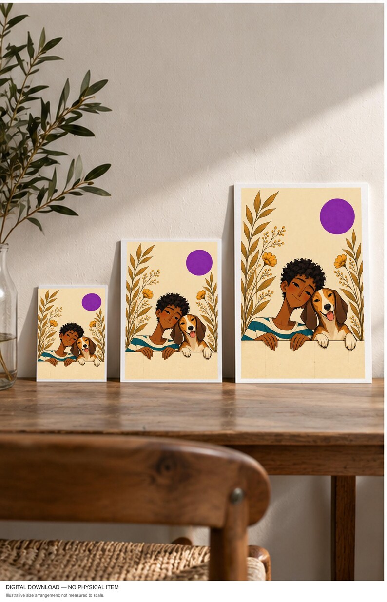 Purple Sun Friendship — digital illustration shown as a display example. No physical item, frame or props included.
