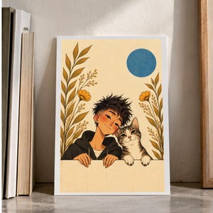 A Boy and His Tabby Cat — digital illustration shown as a display example. No physical item, frame or props included.
