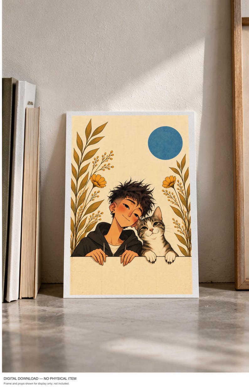 A Boy and His Tabby Cat — digital illustration shown as a display example. No physical item, frame or props included.