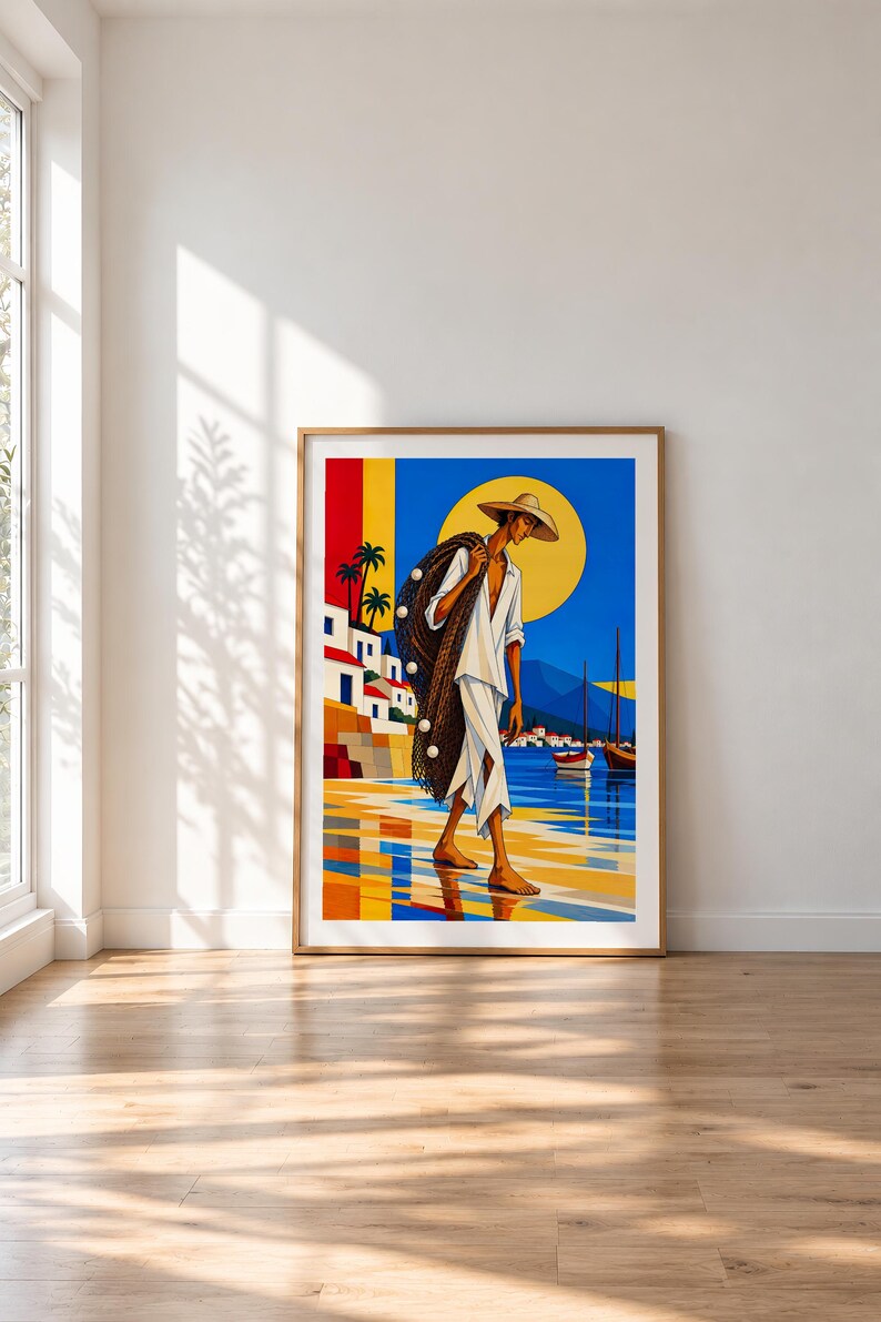Fisherman by the Mediterranean Sea — unframed fine art print. Frames and room accessories are not included.