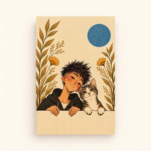 Pu&ograve; includere: Una stampa artistica verticale che ritrae una persona con capelli scuri e scompigliati che indossa una felpa nera, accanto a un gatto tigrato. Sono incorniciati da alti steli botanici dorati e un cerchio blu su sfondo crema.