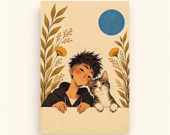 Boy and Tabby Cat Printable Wall Art, Blue Sun Illustration, Cozy Friendship Art, Instant Digital Download