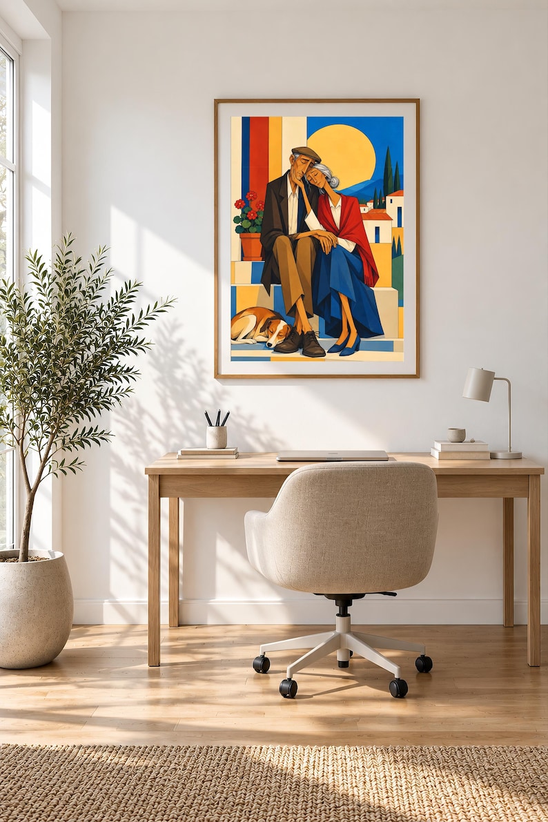 May include: A framed wall art print depicting an elderly couple sitting together on steps with a dog resting at their feet. The scene features a bright yellow sun, blue sky, and white buildings in the background, rendered in a colourful, flat graphic illustration style.