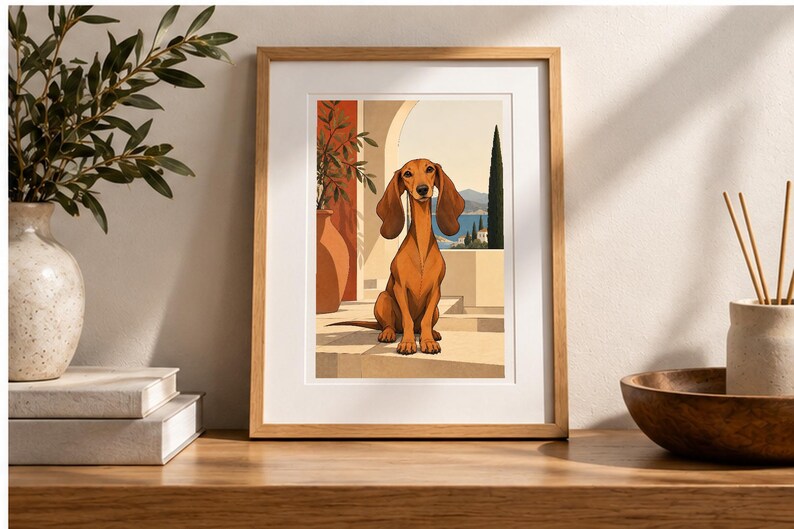Mediterranean Dachshund — digital illustration shown as a display example. No physical item, frame or props included.