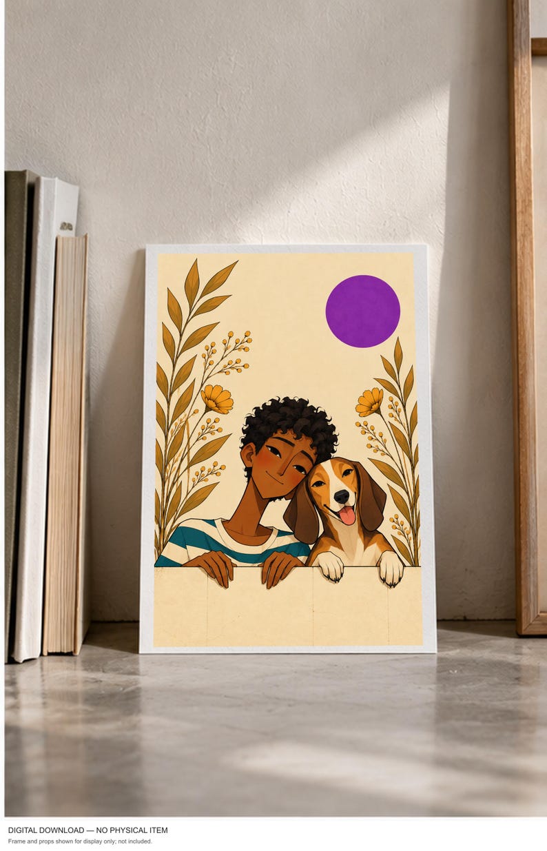 Purple Sun Friendship — digital illustration shown as a display example. No physical item, frame or props included.