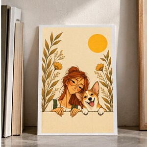 A Girl and Her Corgi — digital illustration shown as a display example. No physical item, frame or props included.