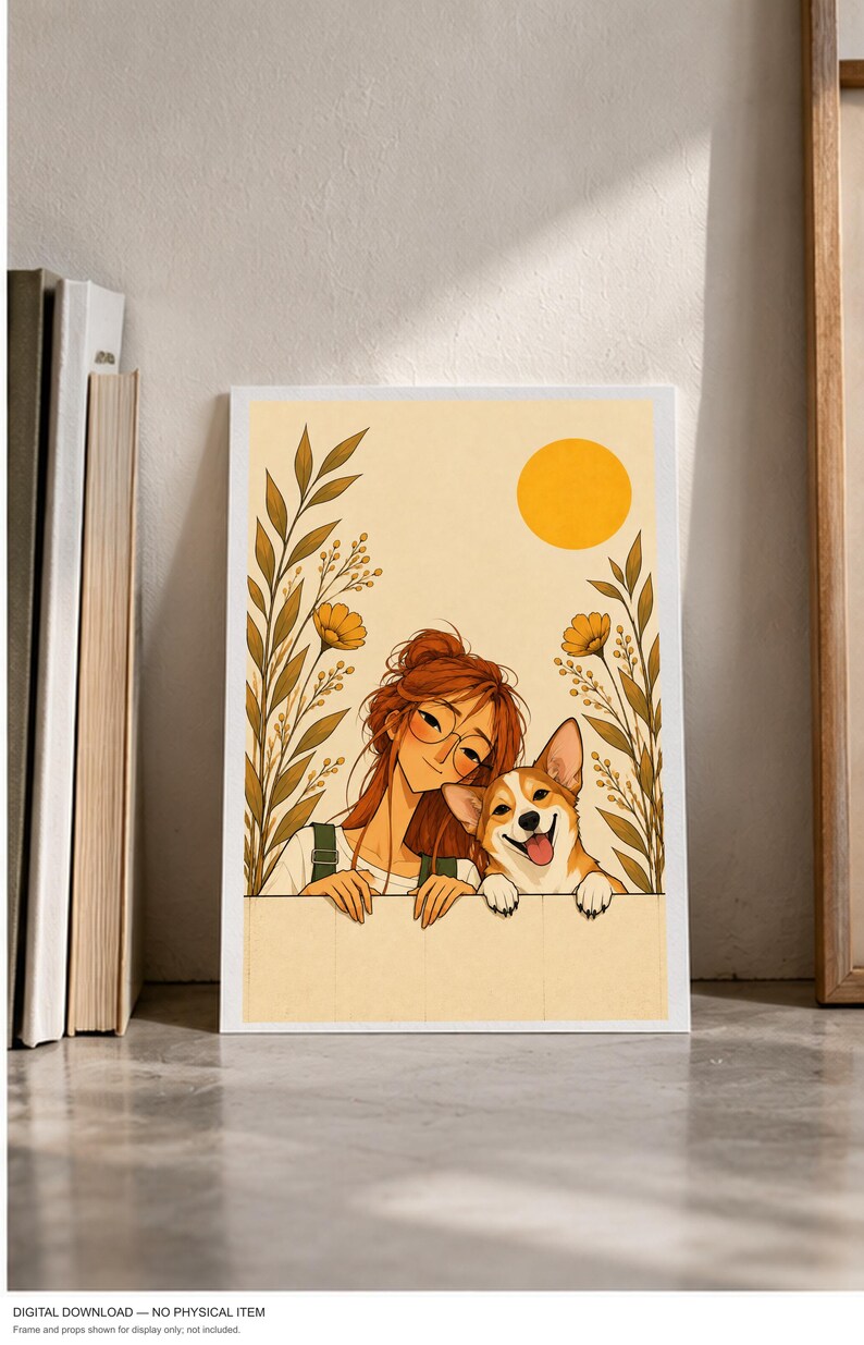 A Girl and Her Corgi — digital illustration shown as a display example. No physical item, frame or props included.