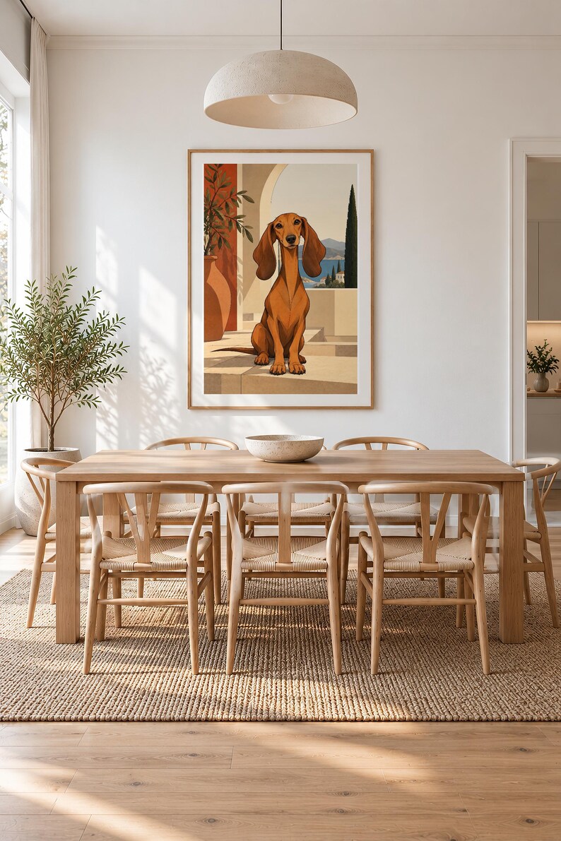 Mediterranean Dachshund — unframed fine art print. Frames and room accessories are not included.