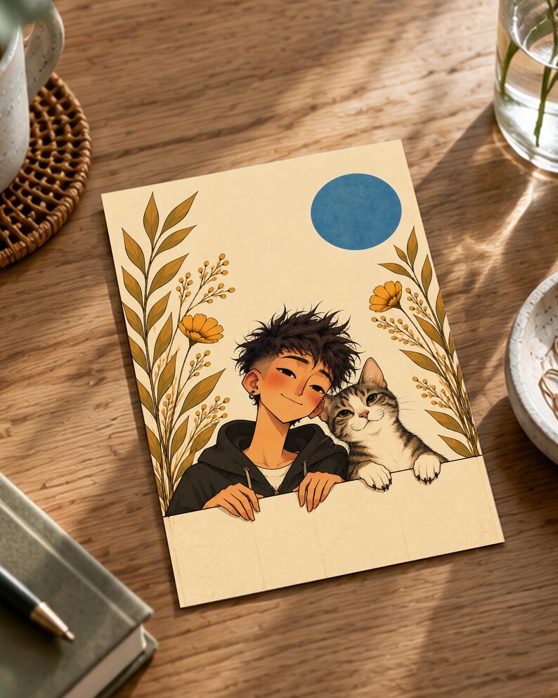 Pu&ograve; includere: Una stampa artistica rettangolare con un'illustrazione in stile cartoon di una persona dai capelli scuri con una felpa nera, accanto a un gatto tigrato. La scena presenta steli floreali gialli su entrambi i lati e un cerchio blu.