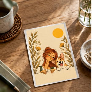 A Girl and Her Corgi — digital illustration shown as a display example. No physical item, frame or props included.