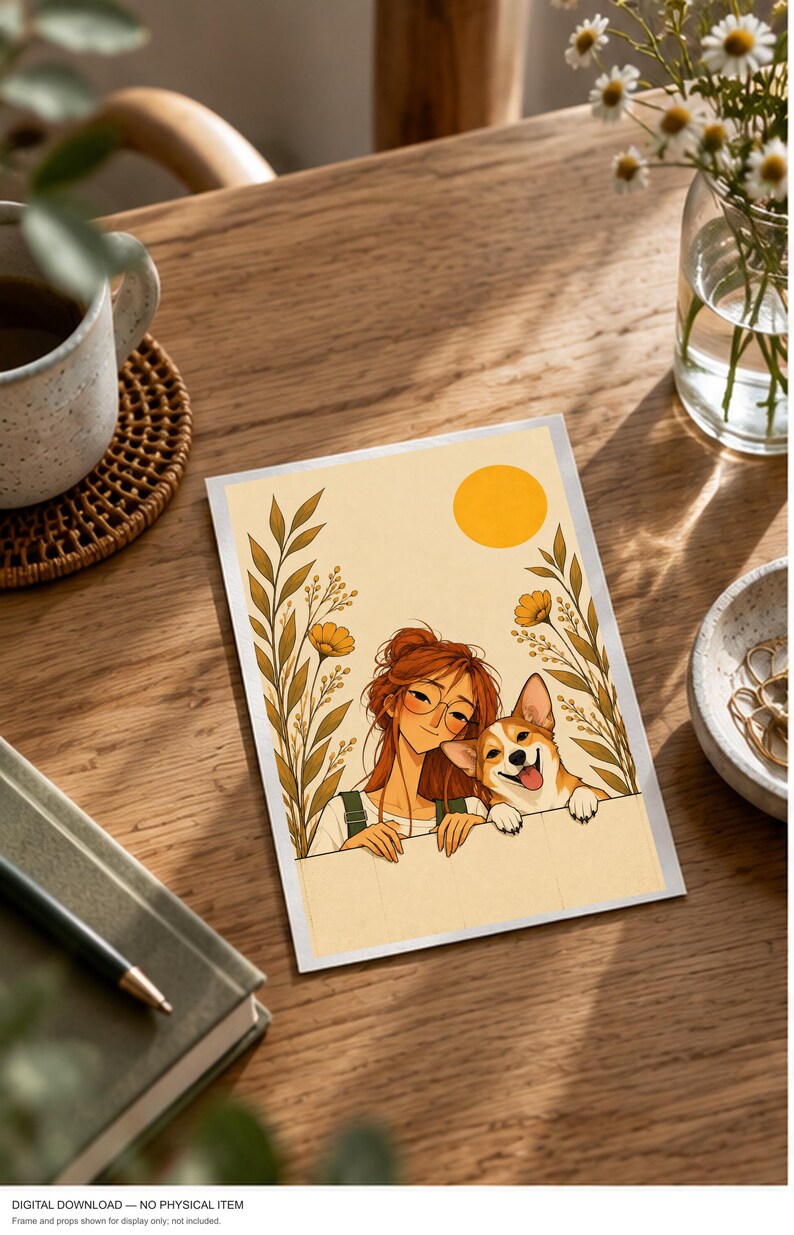 A Girl and Her Corgi — digital illustration shown as a display example. No physical item, frame or props included.