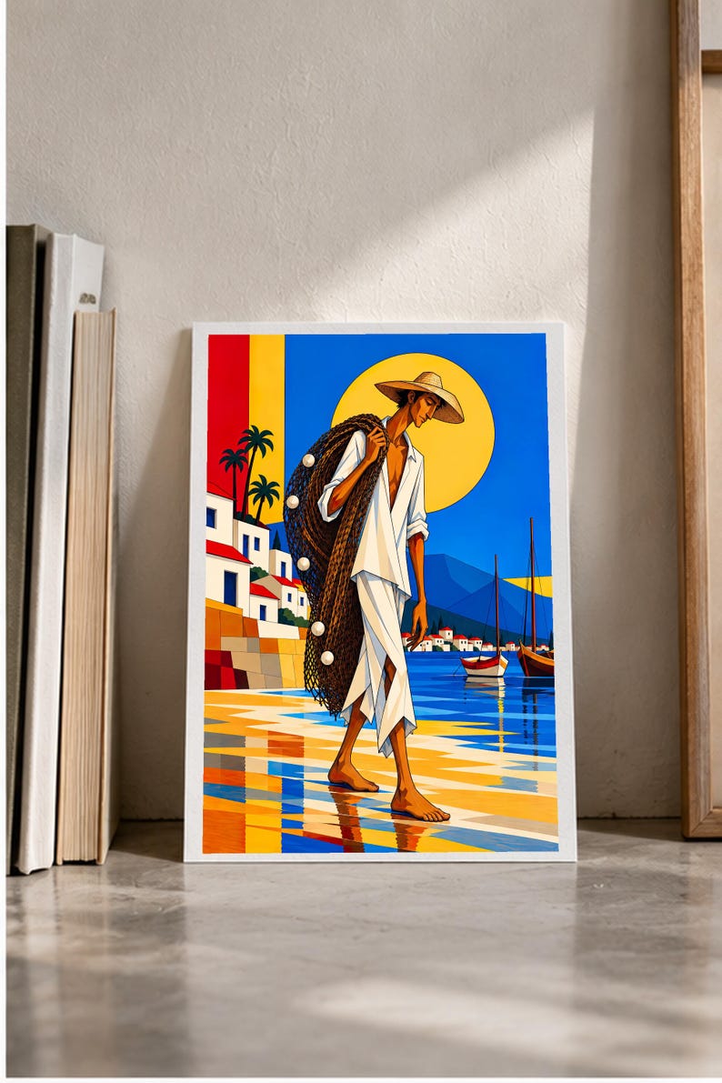 Fisherman by the Mediterranean Sea — digital illustration shown as a display example. No physical item, frame or props included.
