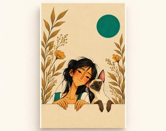 May include: A vertical art print featuring a dark-haired individual and a Siamese cat leaning over a ledge. The scene is framed by tall, golden-brown botanical stems with yellow flowers and a solid teal circle against a cream background.