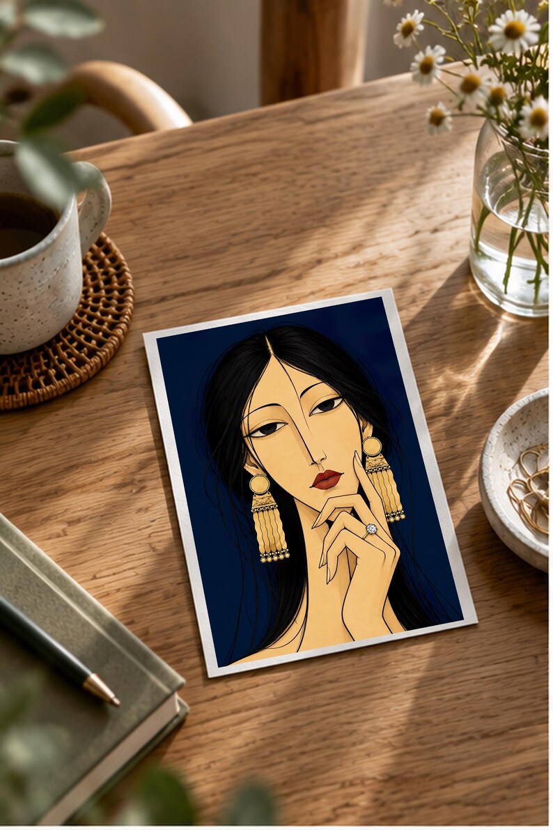 Woman with Golden Jewellery — digital illustration shown as a display example. No physical item, frame or props included.