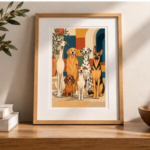 Six Dogs in a Mediterranean Courtyard — digital illustration shown as a display example. No physical item, frame or props included.