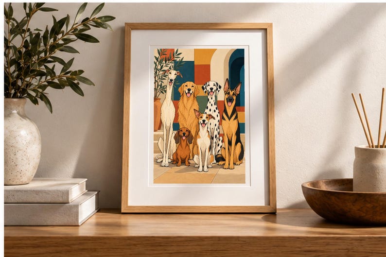 Six Dogs in a Mediterranean Courtyard — digital illustration shown as a display example. No physical item, frame or props included.