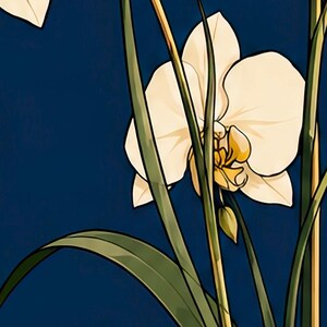White Orchids in a Colourful Vase — unframed fine art print. Frames and room accessories are not included.