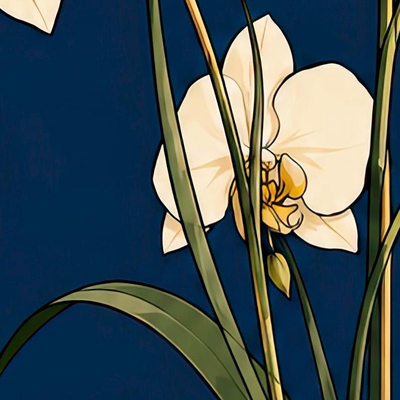 White Orchids in a Colourful Vase — unframed fine art print. Frames and room accessories are not included.
