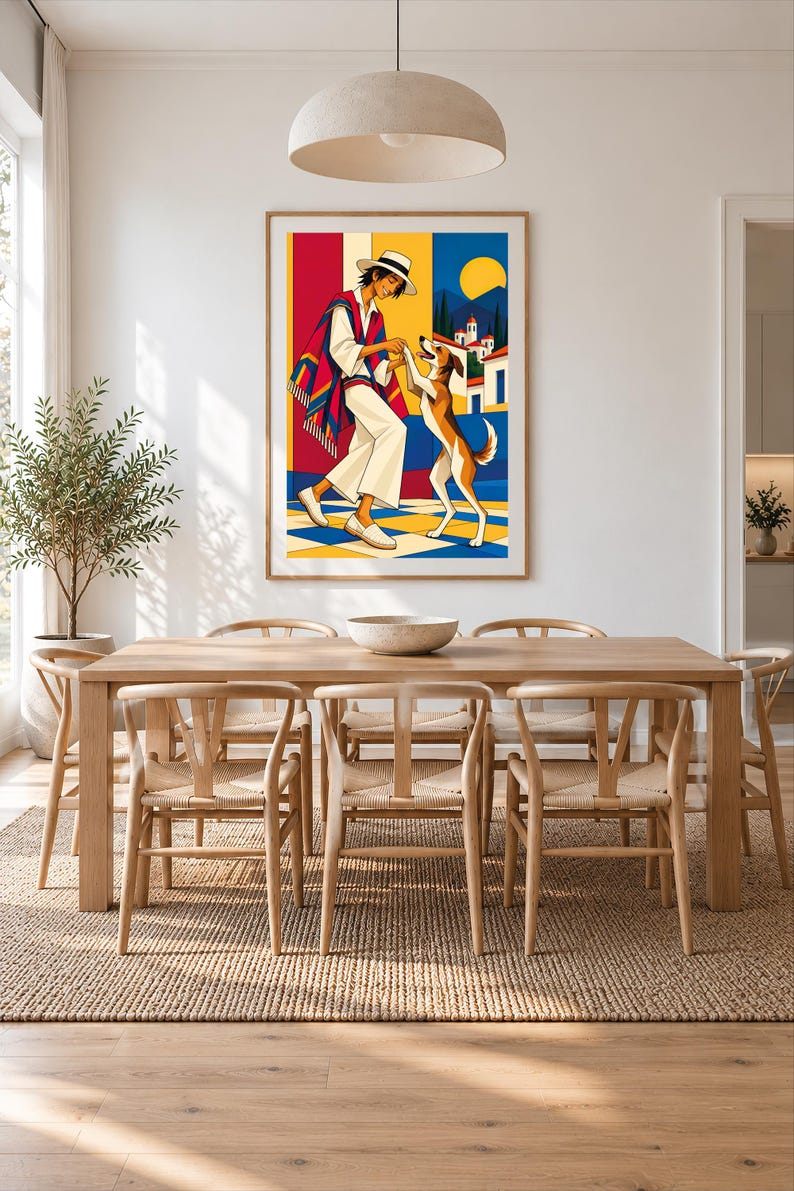 May include: A framed wall art print featuring a colorful illustration of a person in a hat and poncho dancing with a dog on a checkered floor. The background shows a yellow sun, blue sky, and white buildings with red roofs in a bright, graphic style.