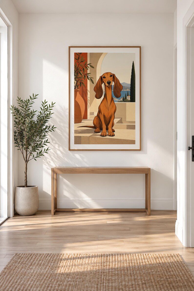 Mediterranean Dachshund — unframed fine art print. Frames and room accessories are not included.