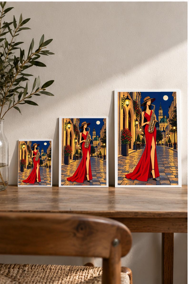 Saxophonist Under the Moon — digital illustration shown as a display example. No physical item, frame or props included.