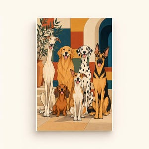 Six Dogs in a Mediterranean Courtyard Printable Wall Art, Colourful Digital Download, A4 A5 and 2:3 JPG Files