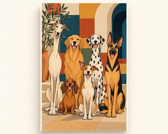 Six Dogs in a Mediterranean Courtyard Printable Wall Art, Colourful Digital Download, A4 A5 and 2:3 JPG Files