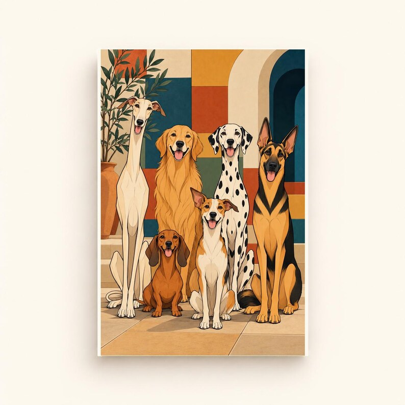 Six Dogs in a Mediterranean Courtyard — digital illustration shown as a display example. No physical item, frame or props included.