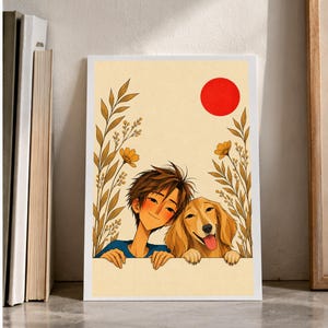 A Boy and His Golden Companion — digital illustration shown as a display example. No physical item, frame or props included.