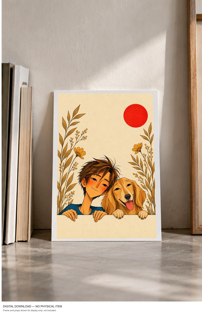 A Boy and His Golden Companion — digital illustration shown as a display example. No physical item, frame or props included.
