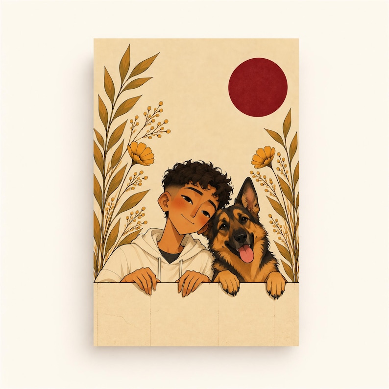 K&ouml;nnte beinhalten: Eine digitale Illustration einer Person mit dunklem lockigem Haar in einem wei&szlig;en Kapuzenpullover, die neben einem Deutschen Sch&auml;ferhund lehnt. Das Bild zeigt goldbraune Pflanzenst&auml;ngel und einen dunkelroten Kreis auf cremefarbenem Grund.