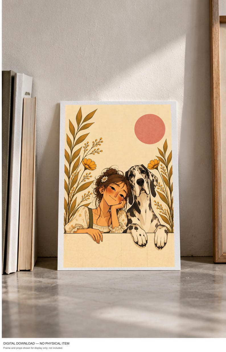 A Girl and Her Great Dane — digital illustration shown as a display example. No physical item, frame or props included.