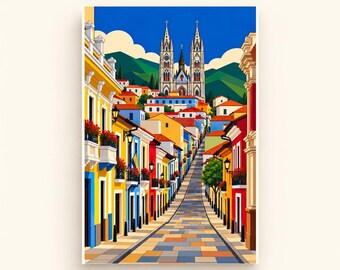 Street to the Cathedral — Quito, Ecuador Printable Wall Art, Colorful Digital Download, A4 A5 and 2:3 JPG Files
