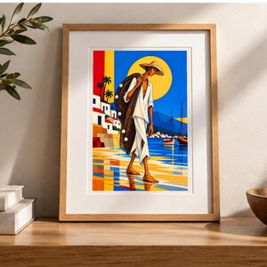 Fisherman by the Mediterranean Sea — digital illustration shown as a display example. No physical item, frame or props included.
