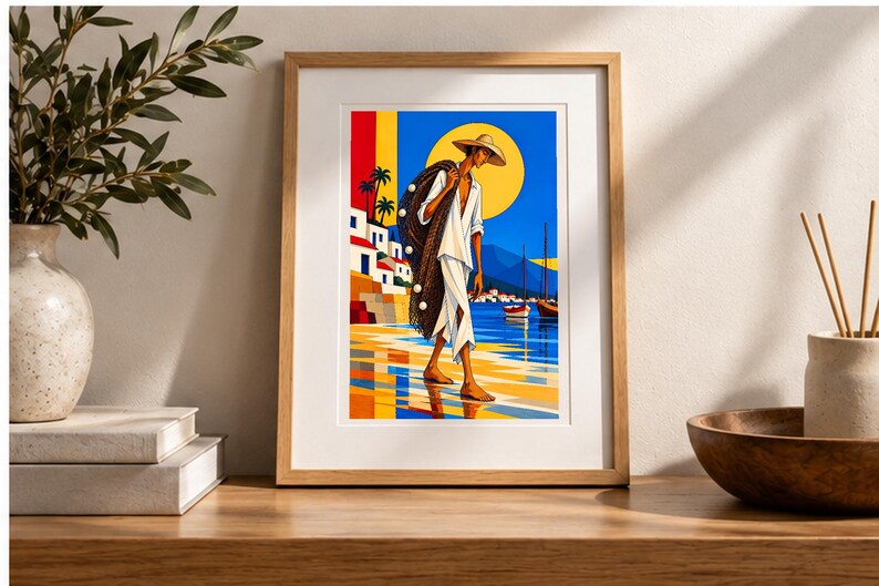 Fisherman by the Mediterranean Sea — digital illustration shown as a display example. No physical item, frame or props included.