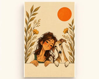 Autumn Friendship Printable Dog Art, Digital Postcard, A5 A4 Wall Art, Child and Pet Illustration