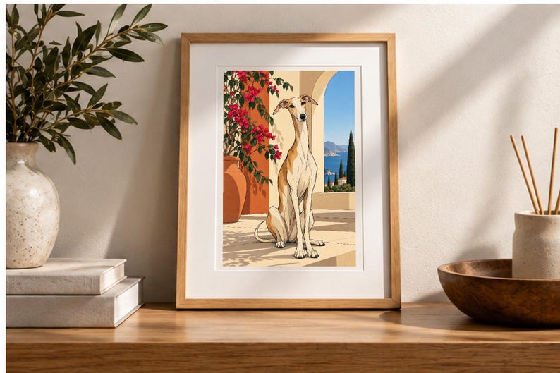 Mediterranean Greyhound — digital illustration shown as a display example. No physical item, frame or props included.