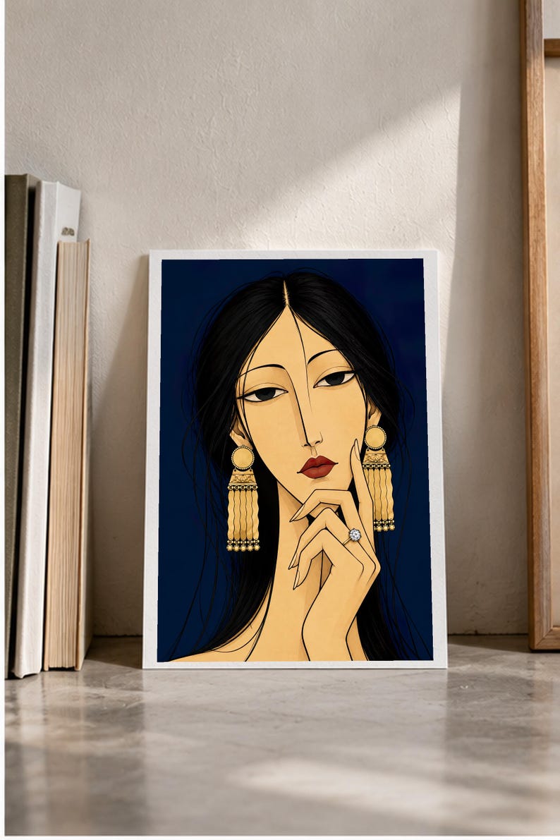 Woman with Golden Jewellery — digital illustration shown as a display example. No physical item, frame or props included.