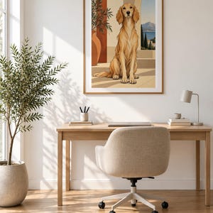 Mediterranean Golden Retriever — unframed fine art print. Frames and room accessories are not included.