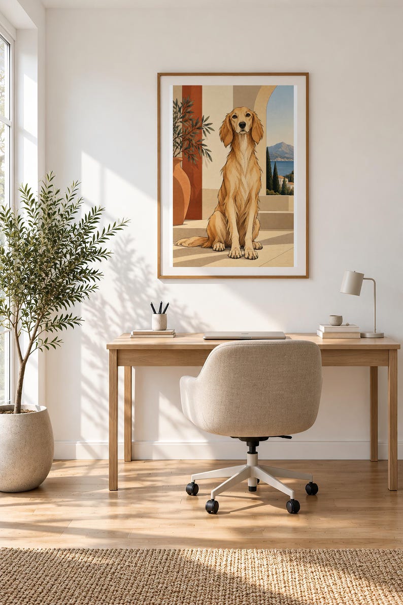 Mediterranean Golden Retriever — unframed fine art print. Frames and room accessories are not included.